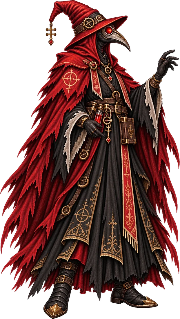 The alchemist, in his red wide-brimmed hat and beaked mask, gesturing you in